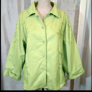 Morgan Cole Denim Jacket, Beads,white wash BttonUp, Collar, Sleeves, Green,  XL